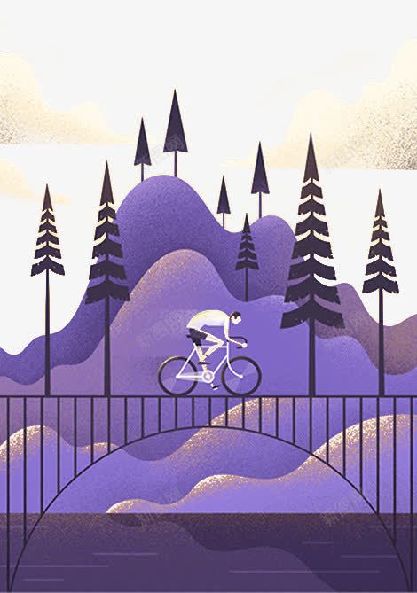 风景插画png免抠素材_新图网 https://ixintu.com 树木 紫色的山 运动 骑自行车的人