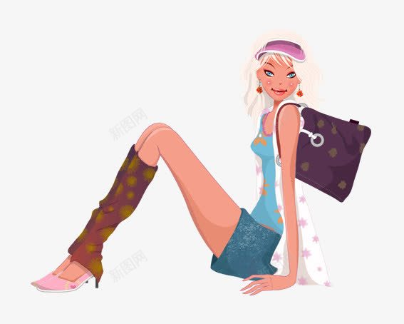 坐着女孩png免抠素材_新图网 https://ixintu.com 卡通人物 卡通包包 卡通女孩 坐着的小朋友 白色 粉色 紫色