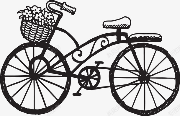 黑色自行车png免抠素材_新图网 https://ixintu.com PNG图形 PNG装饰 手绘 自行车 花朵 装饰 黑色
