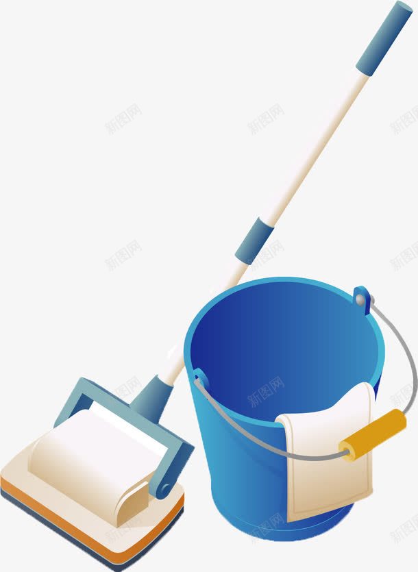 蓝色水桶png免抠素材_新图网 https://ixintu.com 卡通 扫帚 桶 清洁用具 蓝色