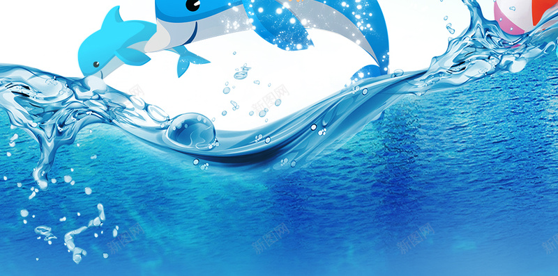 蓝色海洋旅游背景psd设计背景_新图网 https://ixintu.com 卡通人物 大海 旅游 求生圈 海洋 海浪 海豚 海边游玩 白云 蓝色