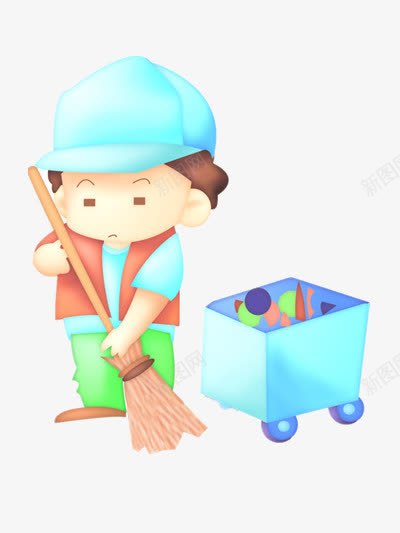 扫地的工人png免抠素材_新图网 https://ixintu.com 上班族 人物 卡通 垃圾箱 扫把