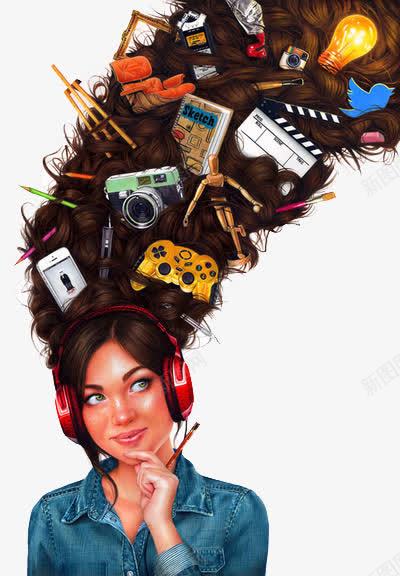 女孩头发与日常用品png免抠素材_新图网 https://ixintu.com 创意插画 圆规 戴耳机的女孩 手机 打板 相机 长头发底纹