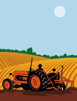 手绘拖拉机矢量扁平化农田耕种背景高清图片
