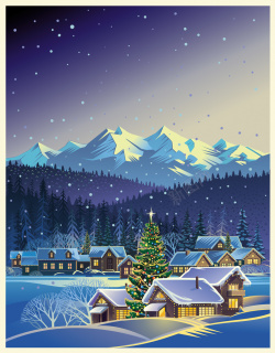 童话小木屋圣诞雪夜小屋远山星光02矢量图高清图片