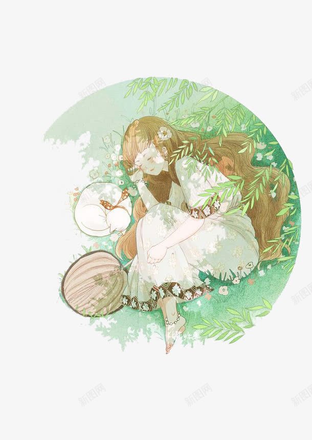 卡通女孩png免抠素材_新图网 https://ixintu.com 卡通 圆形 女孩 手绘 水彩 白色裙子 绿叶 装饰 长发