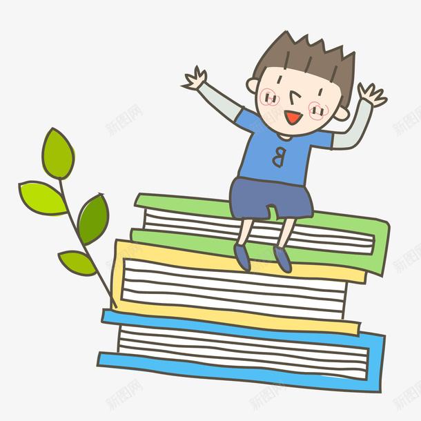 坐在图书上的小男孩psd免抠素材_新图网 https://ixintu.com 书本 卡通 叶子 图书 学习 小书童 小男孩 读书