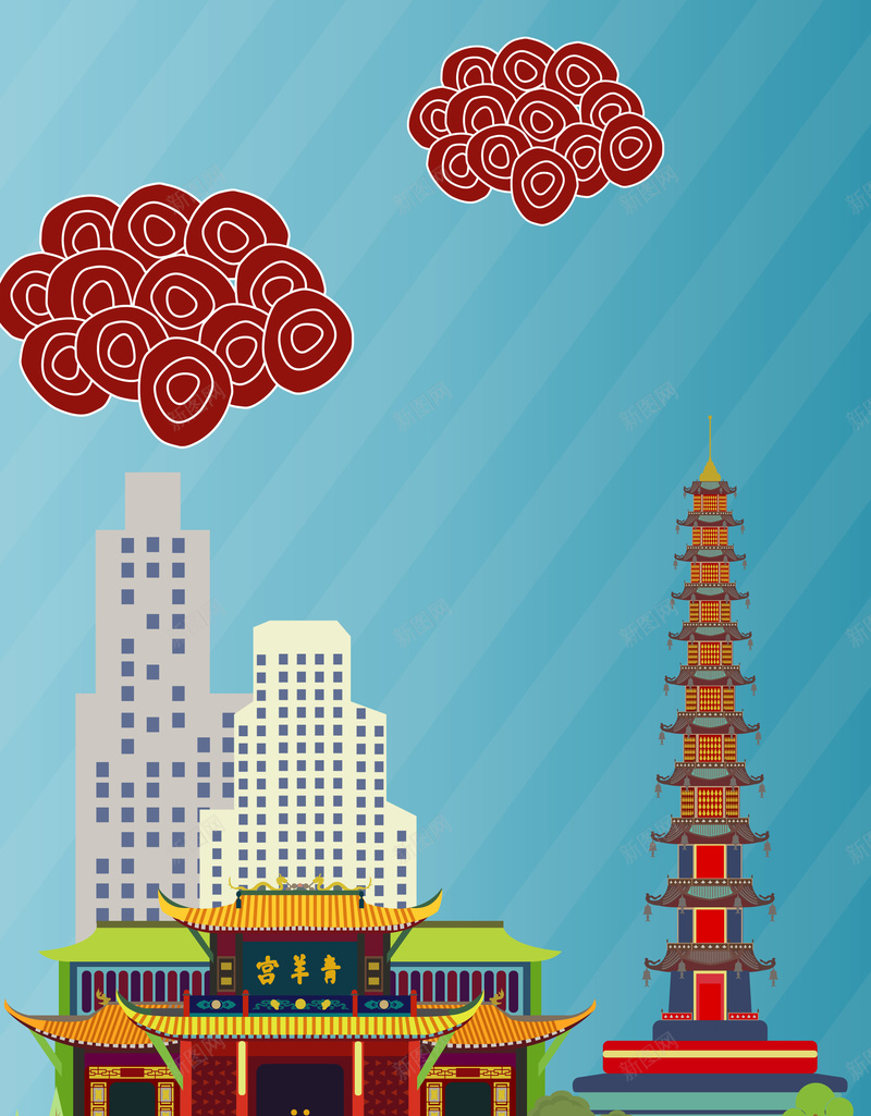 成都标志性建筑名胜古迹旅游海报背景矢量图ai设计背景_新图网 https://ixintu.com 创意 名胜古迹 城市建筑 扁平化 旅游海报 标志性建筑 海报背景 高楼大厦 矢量图