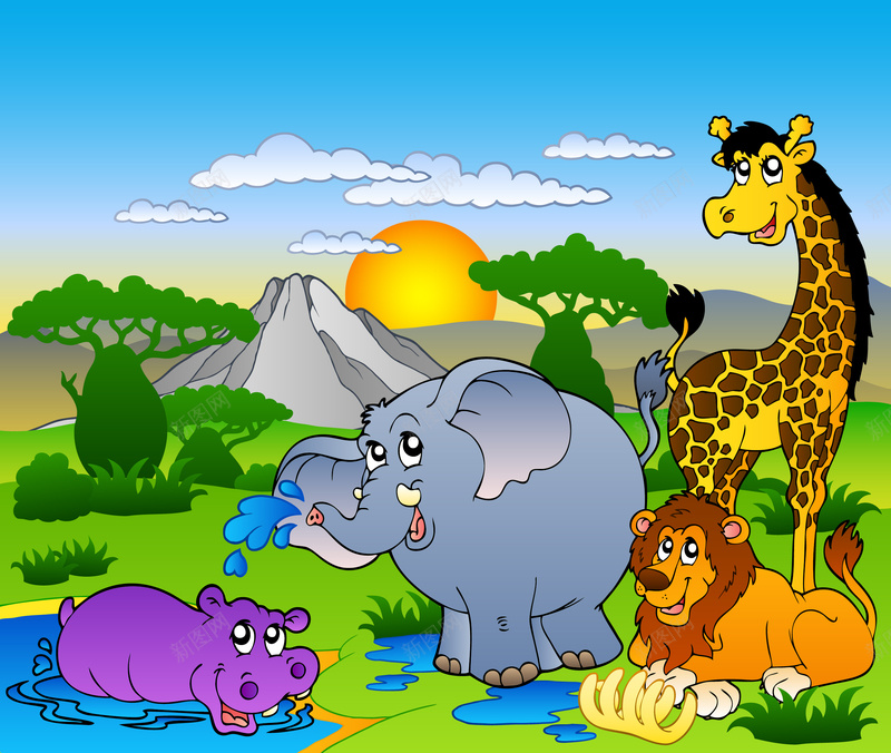 动物园矢量图ai设计背景_新图网 https://ixintu.com 动物园 卡通 大象 手绘 狮子 童趣 蓝色 长颈鹿 矢量图