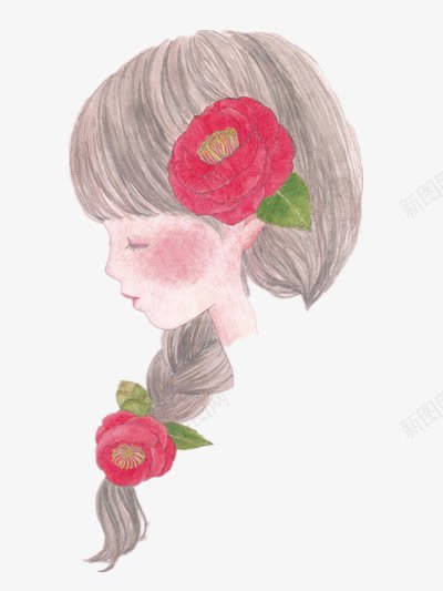 手绘女孩png免抠素材_新图网 https://ixintu.com 人物侧脸 侧脸 插画 红色花朵 长发女孩