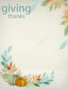 感恩节手绘南瓜蓝色叶子海报背景矢量图背景