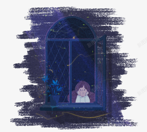 手绘黑夜里的窗户png免抠素材_新图网 https://ixintu.com 开窗 手绘 窗户 紫色 装饰