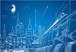 童趣手绘城市线条蓝色背景矢量图高清图片