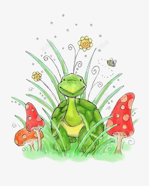 卡通乌龟png免抠素材_新图网 https://ixintu.com 儿童插画 手绘乌龟 花朵 草 蘑菇