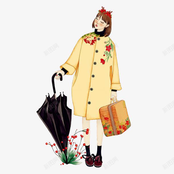 拿着行李的女孩png免抠素材_新图网 https://ixintu.com 伞 可爱 拿着行李的女孩 民族风 花 行李