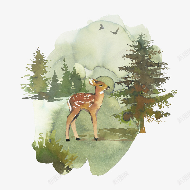 卡通手绘小鹿与植物png免抠素材_新图网 https://ixintu.com 创意 动漫动画 卡通手绘 卡通树木 可爱的小鹿 植物 简约