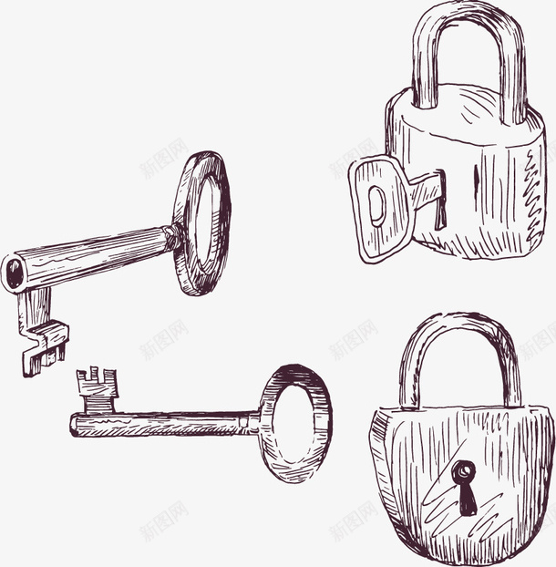 手绘钥匙和锁矢量图ai免抠素材_新图网 https://ixintu.com 复古 手绘 钥匙和锁 矢量图