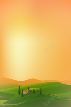 蘑菇小屋树木草坪夕阳矢量暖色卡通风景广告背景高清图片