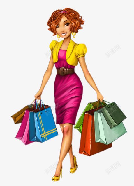 卡通购物的女士png免抠素材_新图网 https://ixintu.com 卡通PNG素材 微笑 红色裙子 购物袋