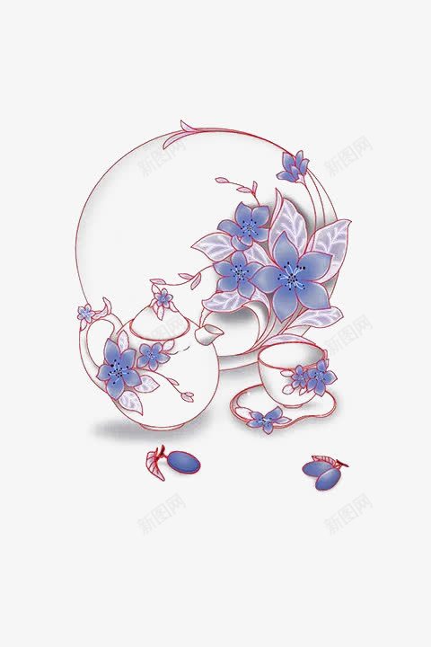 一套印蓝色小花的精美瓷器png免抠素材_新图网 https://ixintu.com 白底 精巧 细致 茶具