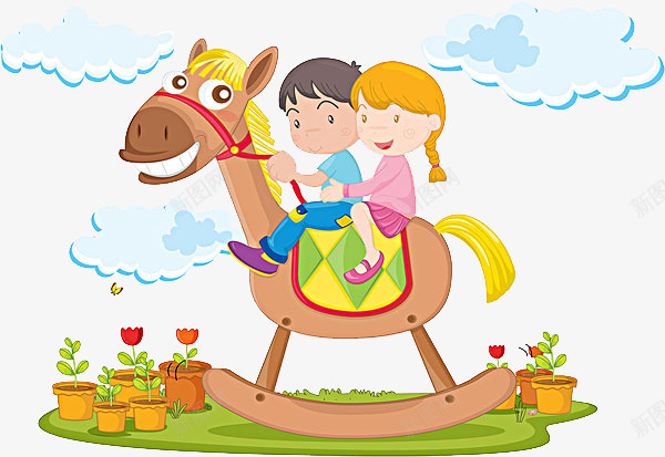 骑在木马上的小孩png免抠素材_新图网 https://ixintu.com 免抠 卡通 小孩 情侣 木马