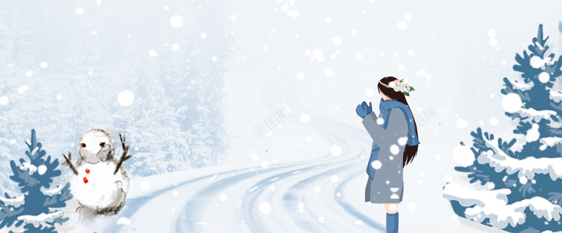 雪景文艺女孩雪人蓝色banner背景