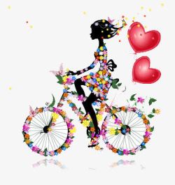 鲜花合成的自行车和女人素材