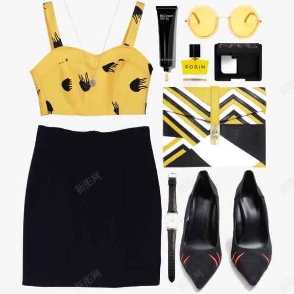 黄色吊带和黑色半身裙png免抠素材_新图网 https://ixintu.com 服装搭配 黄色吊带 黑色半身裙