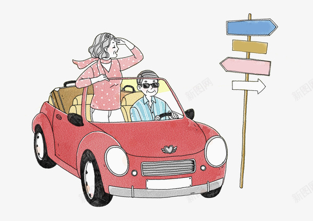 红色的汽车png免抠素材_新图网 https://ixintu.com 卡通 小汽车 手绘 指示牌 旅游 红色的 迷路的