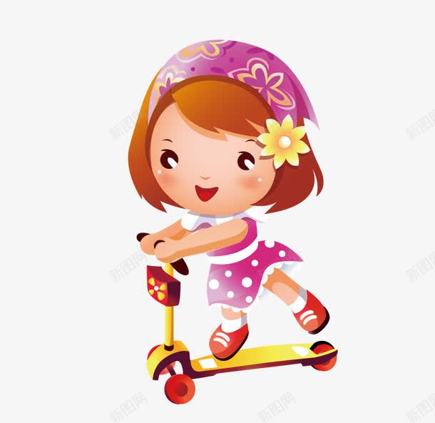 卡通女孩png免抠素材_新图网 https://ixintu.com 玩滑板车 紫衣女孩 花朵 黄色滑板车