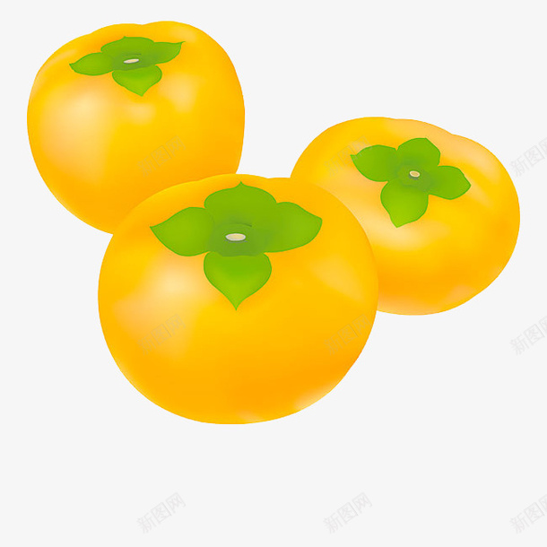 手绘柿子简图png免抠素材_新图网 https://ixintu.com 三个 卡通 叶子 手绘 柿子 水果 简图 黄色的