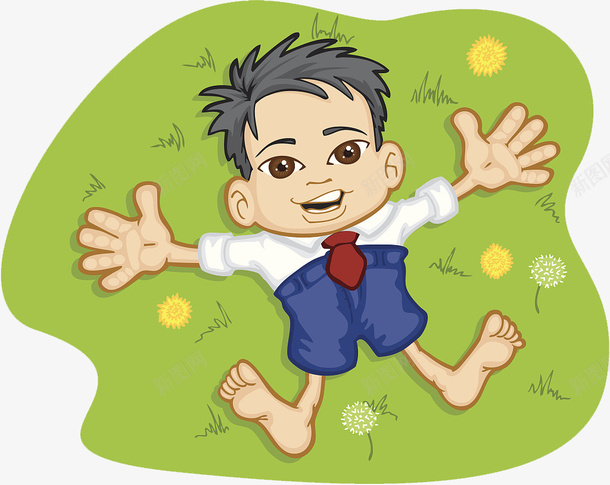 卡通可爱小男孩躺在草地上png免抠素材_新图网 https://ixintu.com 仰面朝天 卡通 可爱 小男孩 展开双臂 张开双臂 草地上的人 躺在草地上