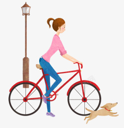 扁平插图骑自行车的女孩与小狗素材