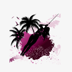 剪影椰子树紫色沙滩矢量图素材