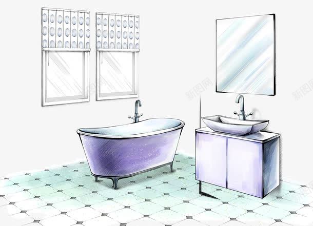 手绘浴室psd免抠素材_新图网 https://ixintu.com 洗水盘 浴室 浴桶 镜子