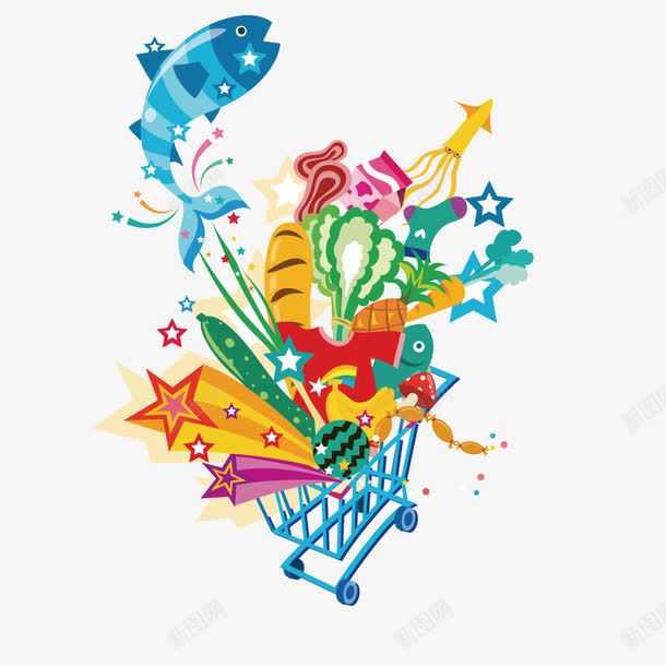 创意装满蔬菜的购物车png免抠素材_新图网 https://ixintu.com 创意 蔬菜 购物车 鱼肉