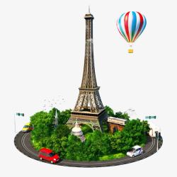 城市景象热气球环巴黎铁塔高清图片