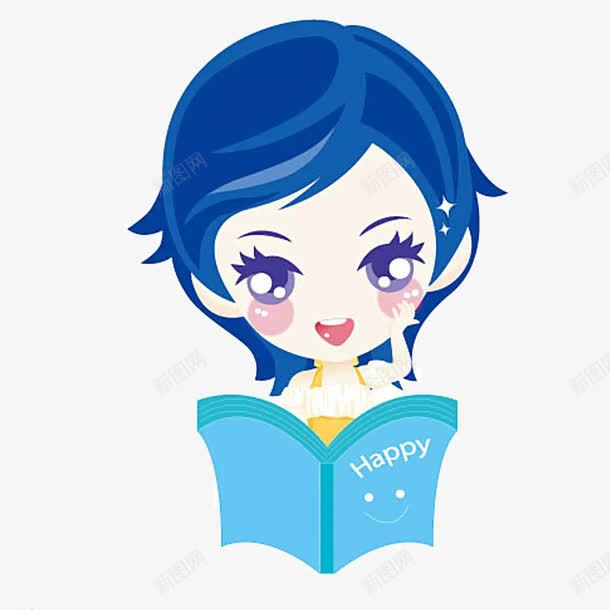 看书的卡通女孩png免抠素材_新图网 https://ixintu.com 卡通人物 喜欢书的人 看书的女孩 蓝色女孩 读书的人