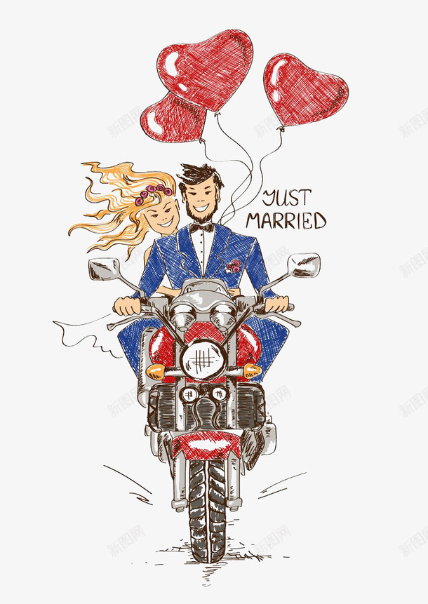 动漫骑摩托车的新婚夫妇png免抠素材_新图网 https://ixintu.com 夫妻 摩托车 爱心气球