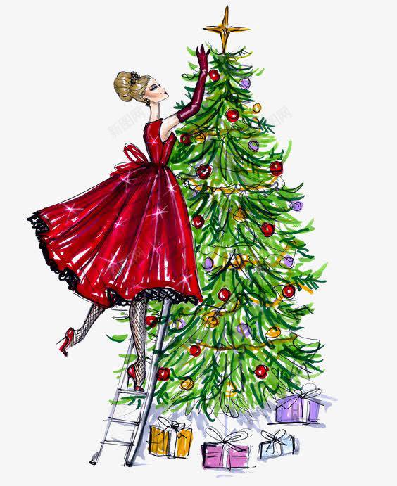 卡通圣诞树png免抠素材_新图网 https://ixintu.com 圣诞元素 圣诞免扣 圣诞树 圣诞节 女人 时尚 红色裙子
