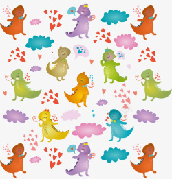 彩色恐龙设计彩色卡通爱情恐龙花纹矢量图高清图片