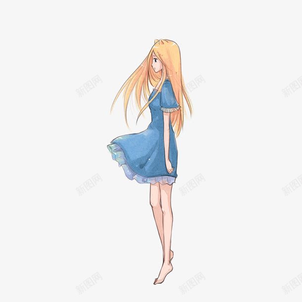 穿蓝裙子的女孩png免抠素材_新图网 https://ixintu.com PNG图形 卡通 女孩 手绘 装饰 裙子