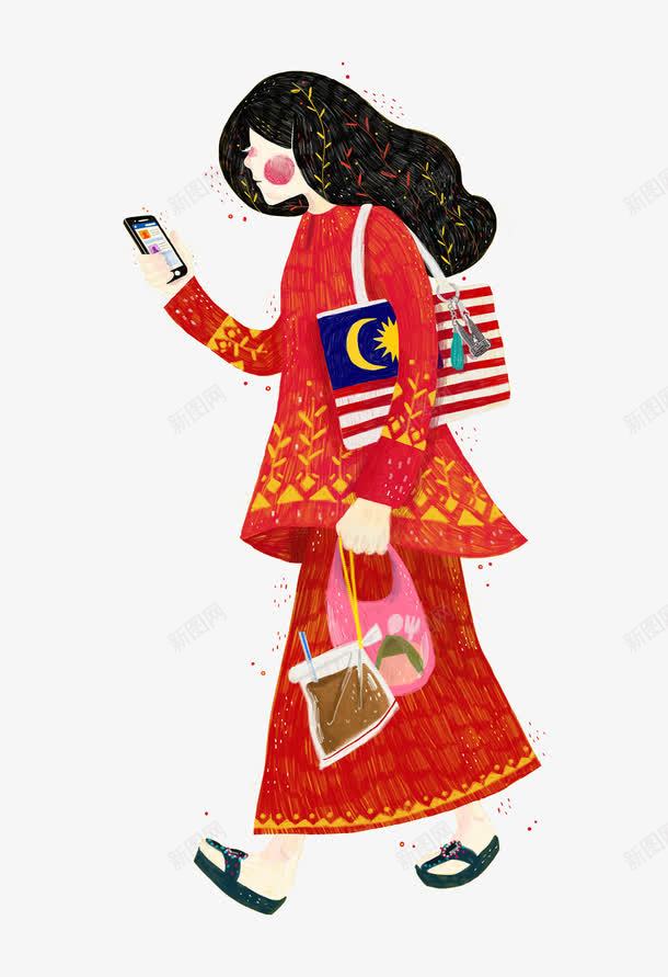 看手机的女孩png免抠素材_新图网 https://ixintu.com 手机 手绘 红色 背包 长发美女