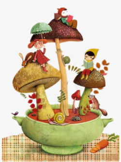 蘑菇贴心小人在蘑菇上玩耍的小人高清图片