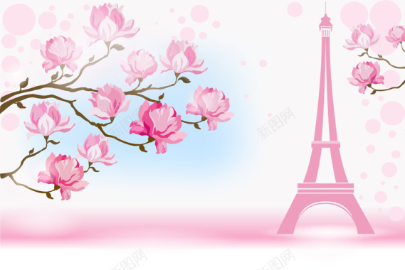 粉色浪漫巴黎铁塔花朵背景矢量图背景