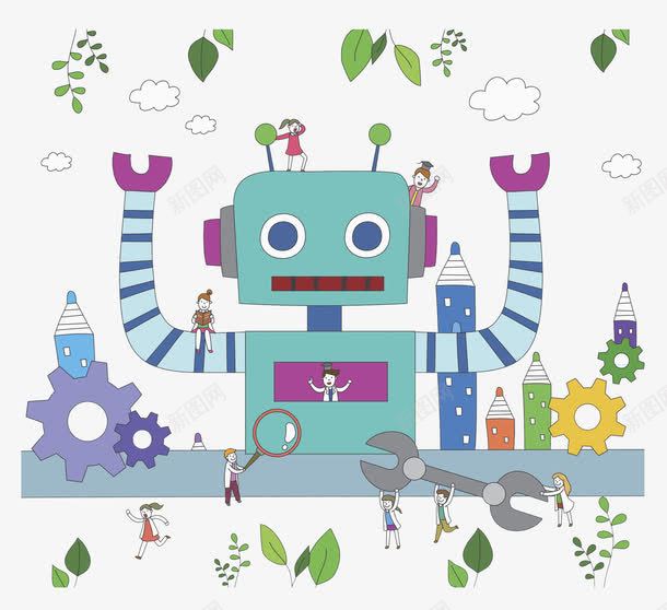 蓝色机器人png免抠素材_新图网 https://ixintu.com 云朵 手绘 树叶 蓝色机器人 设置标志 钳子 铅笔 齿轮