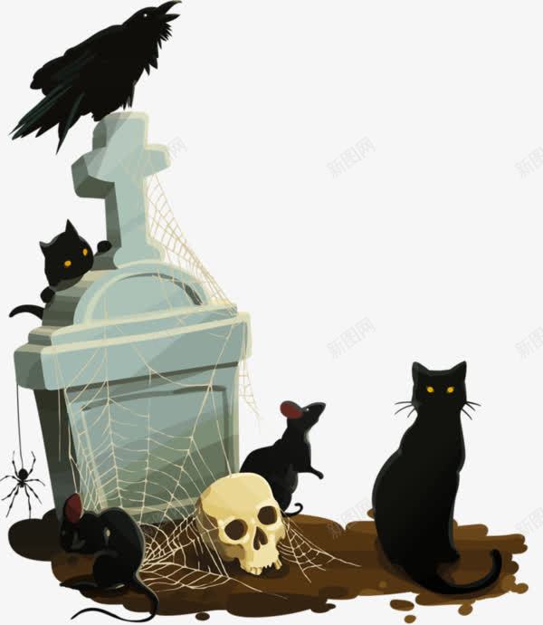 渗人的的墓地png免抠素材_新图网 https://ixintu.com 乌鸦 墓地 骷髅 黑猫