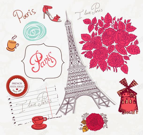 巴黎风插画png免抠素材_新图网 https://ixintu.com 卡通 巴黎 手绘 插画 花卉 铁塔