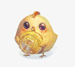 金色小鸡手绘水彩动物拿着金色铜钱的小鸡高清图片