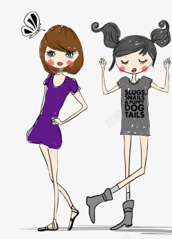 卡通版时尚的两个小女孩素材